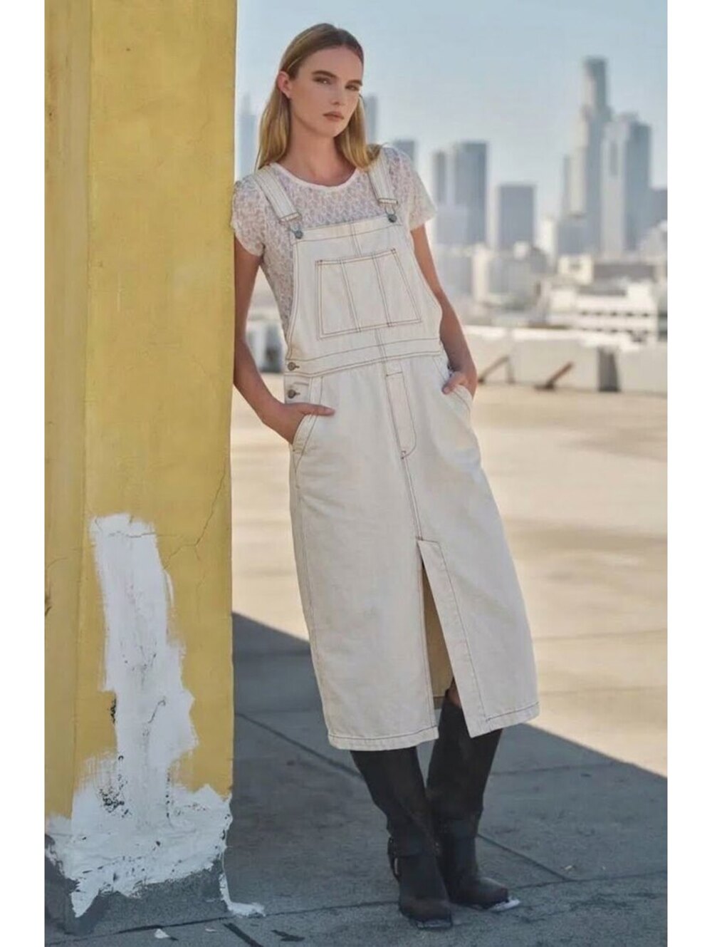 We The Free People Cream Denim Overall Midi Dress Contrast Stitch Medium